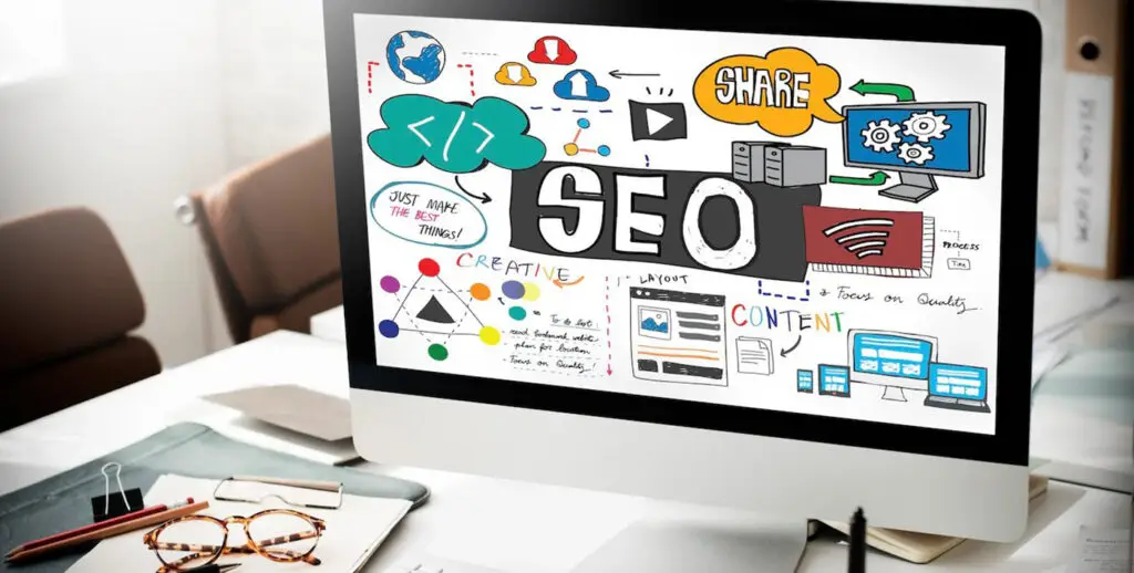 SEO image showing keyword analysis, ranking improvement, and website optimization